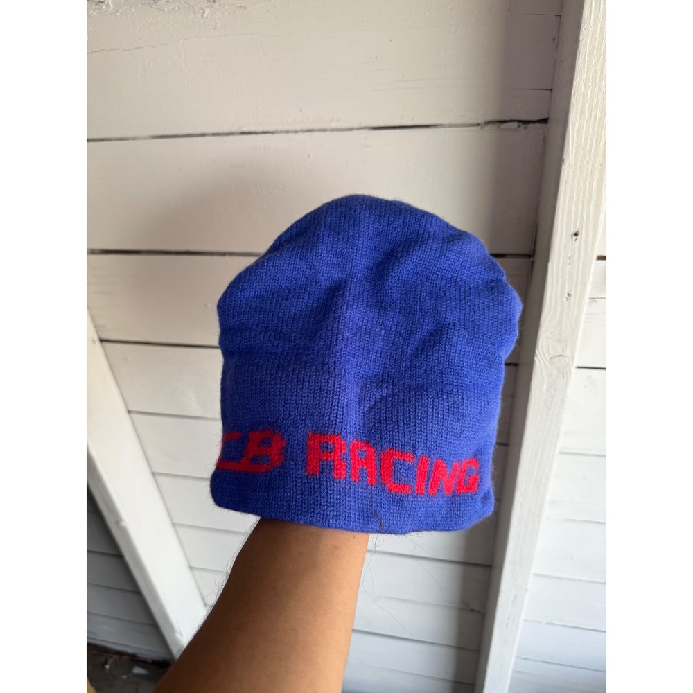 CB Racing Vintage Blue Wool Knit Beanie Hat Red Graphic Made in USA Skull Cap